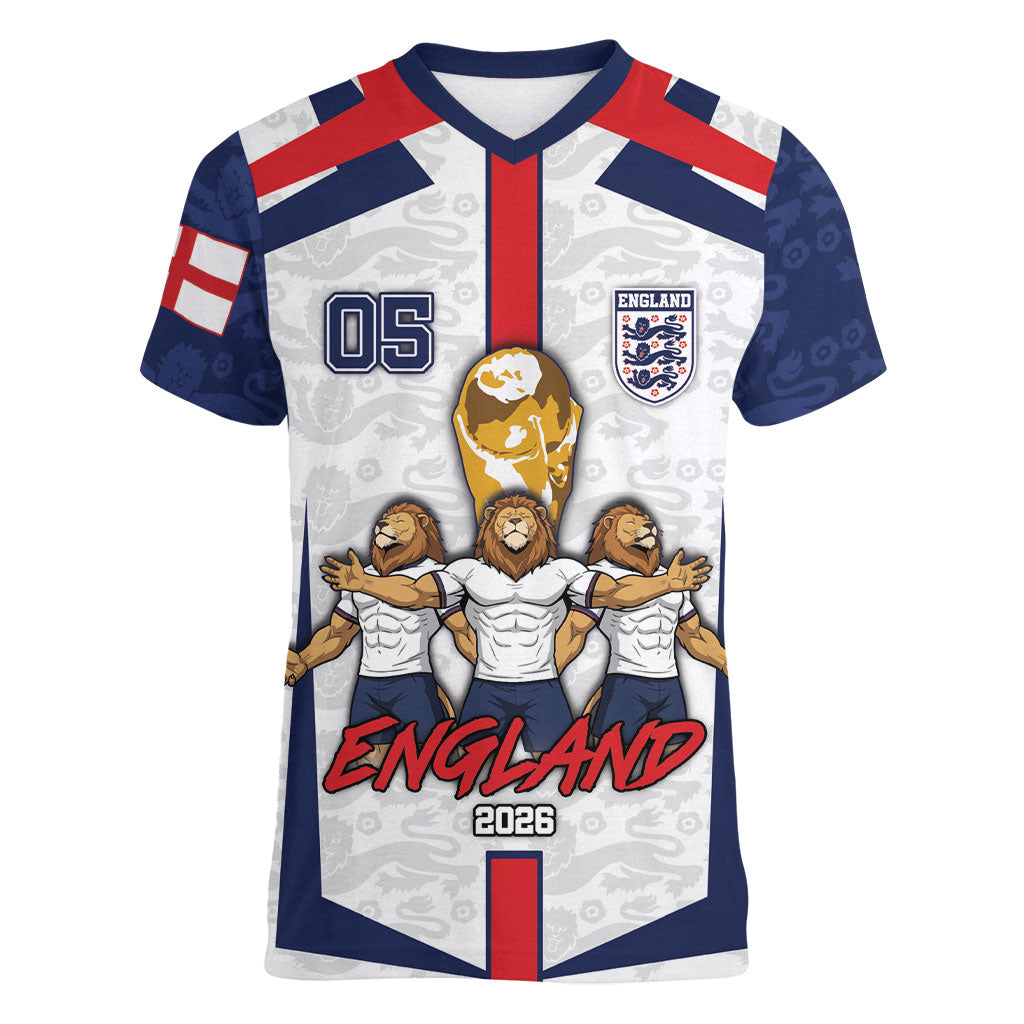 Custom England Football Women V-Neck T-Shirt Three Lions Trophy St George Cross