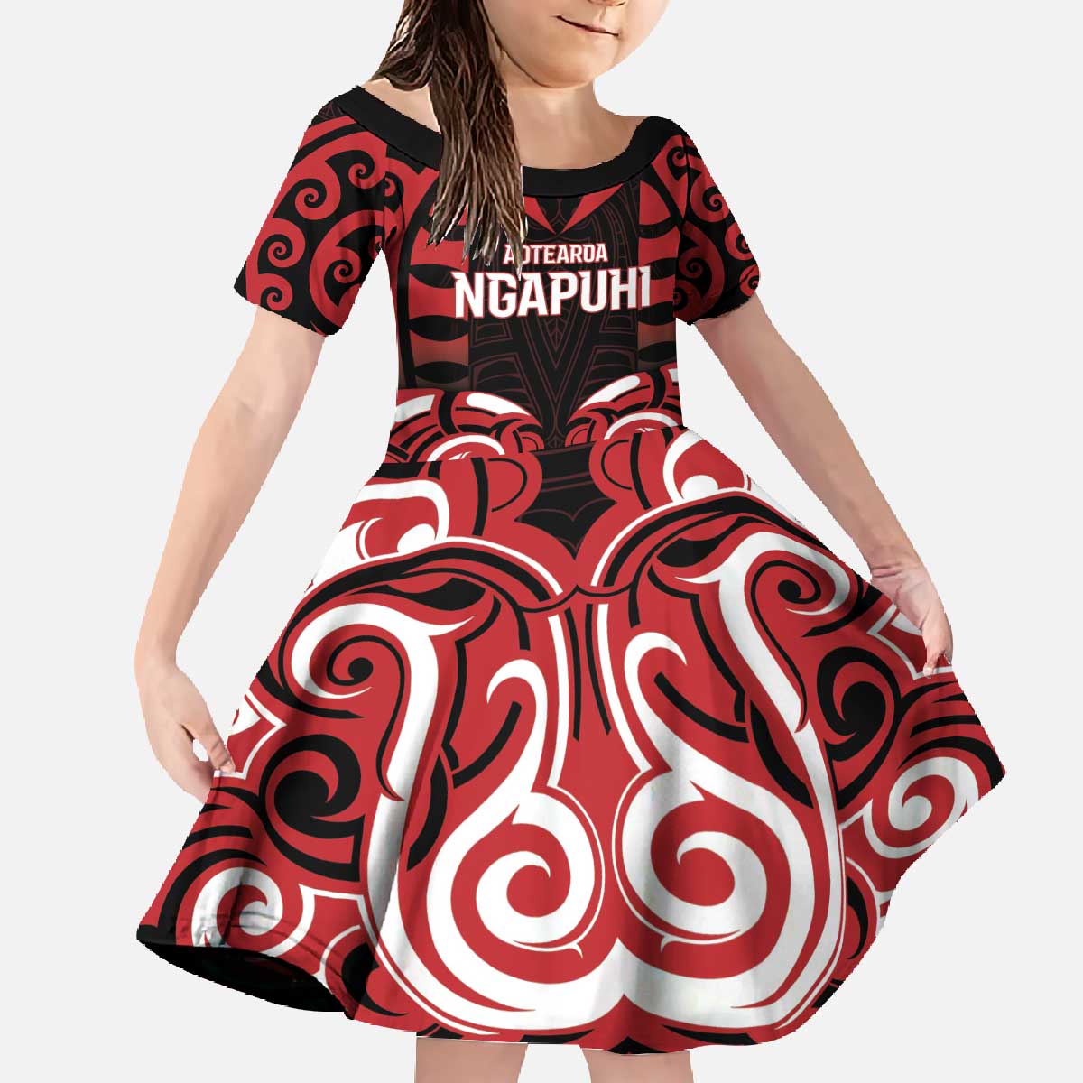 Custom Aotearoa Ngapuhi Family Matching Off The Shoulder Long Sleeve Dress and Hawaiian Shirt Maori Pattern New Zealand - Polynesian Pride