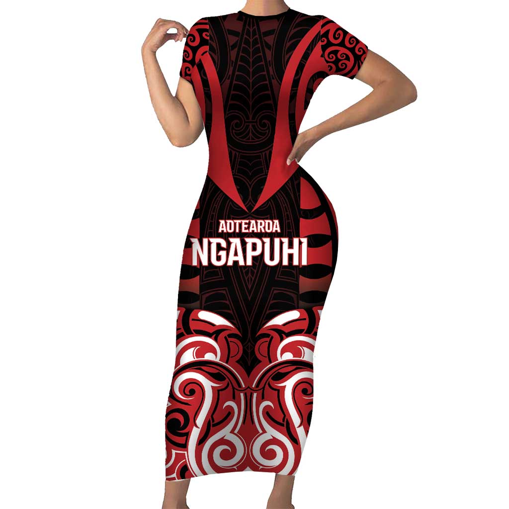 Custom Aotearoa Ngapuhi Short Sleeve Bodycon Dress Maori Pattern New Zealand - Polynesian Pride