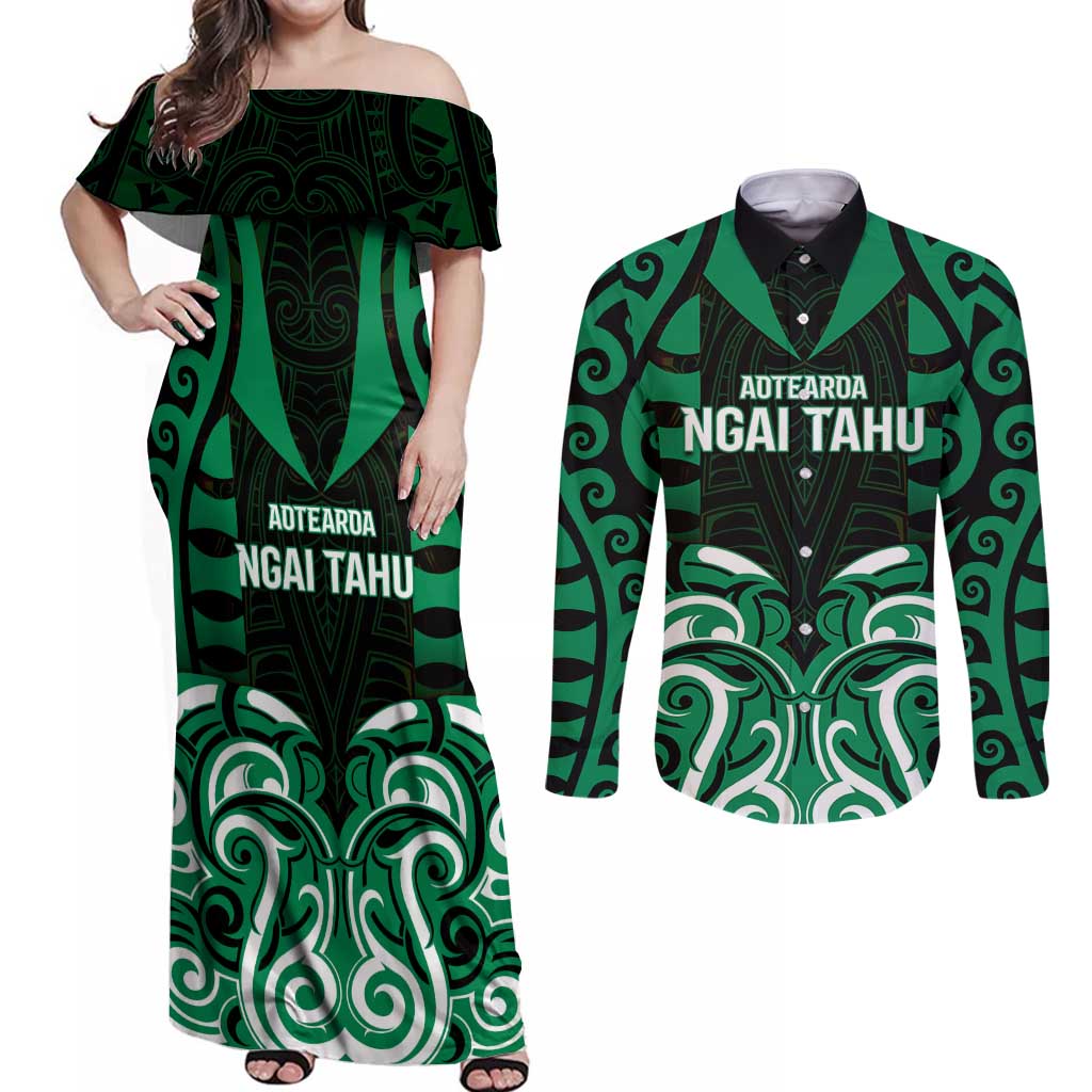 Custom Aotearoa Ngai Tahu Couples Matching Off Shoulder Maxi Dress and Long Sleeve Button Shirt Maori Pattern New Zealand - Polynesian Pride