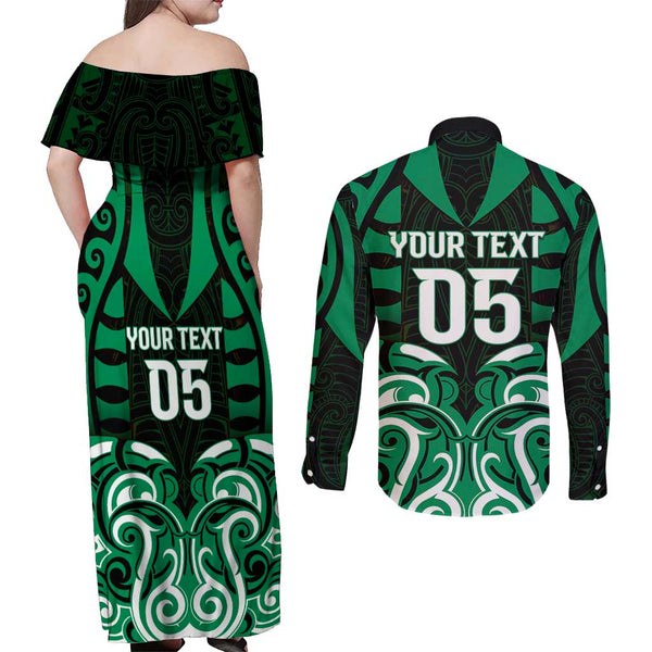 Personalised Aotearoa Couples Matching Off The Shoulder Long Sleeve Dress and Long Sleeve Button Shirts Maori Kiwi Turquoise Fern LT01