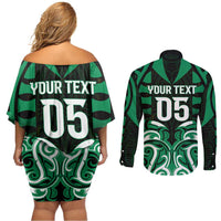 Custom Aotearoa Ngai Tahu Couples Matching Off Shoulder Short Dress and Long Sleeve Button Shirt Maori Pattern New Zealand - Polynesian Pride