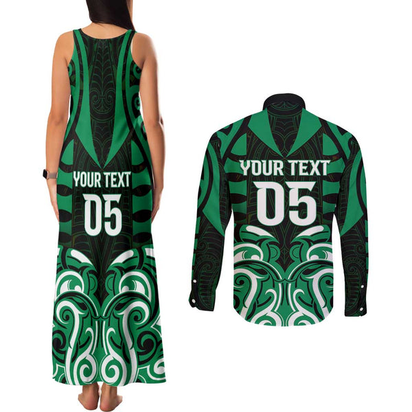 New Zealand Couples Matching Summer Maxi Dress and Long Sleeve Button Shirts Aotearoa Hei-Tiki Maori Fern Tattoo Arty LT9 main image 1