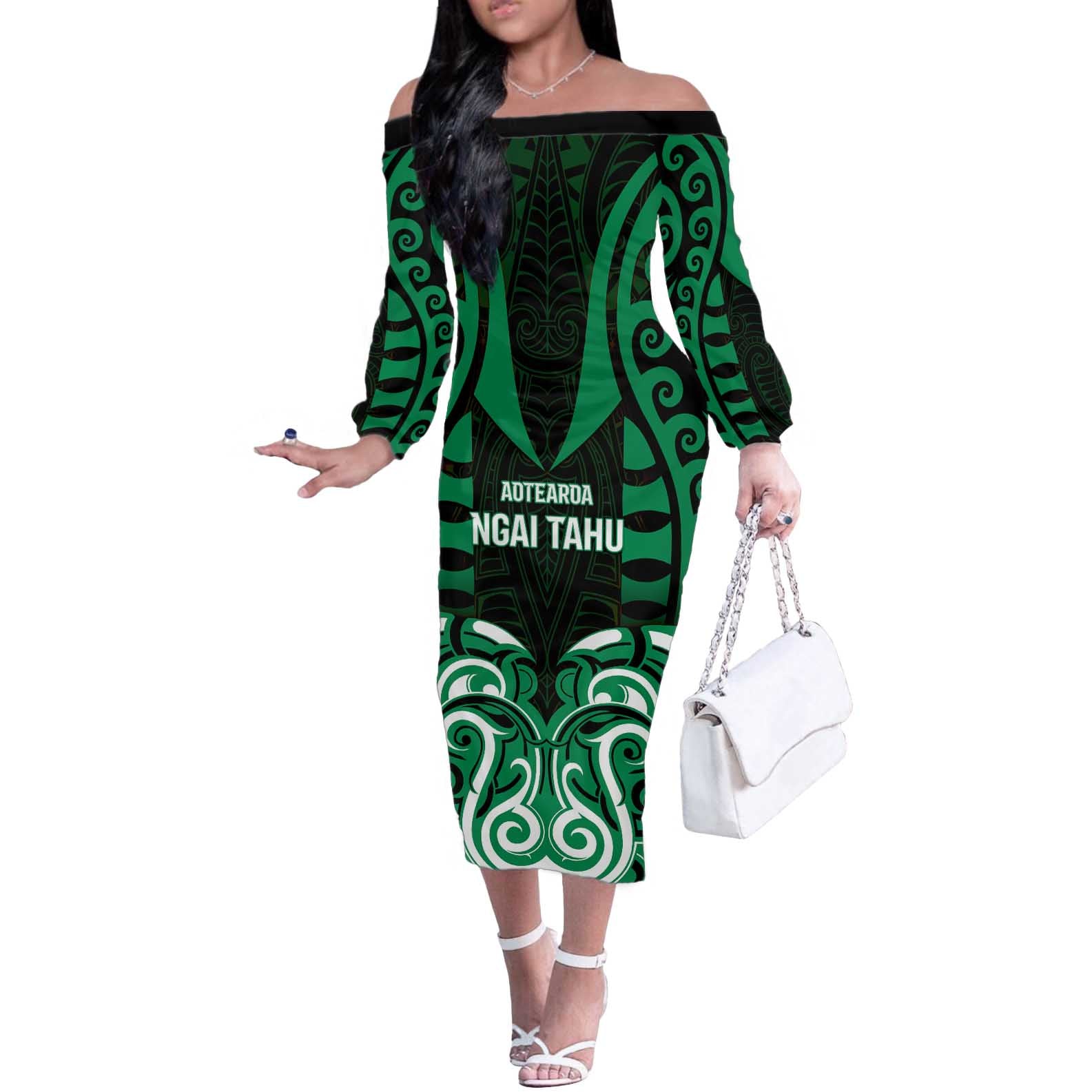 Custom Aotearoa Ngai Tahu Off The Shoulder Long Sleeve Dress Maori Pattern New Zealand - Polynesian Pride
