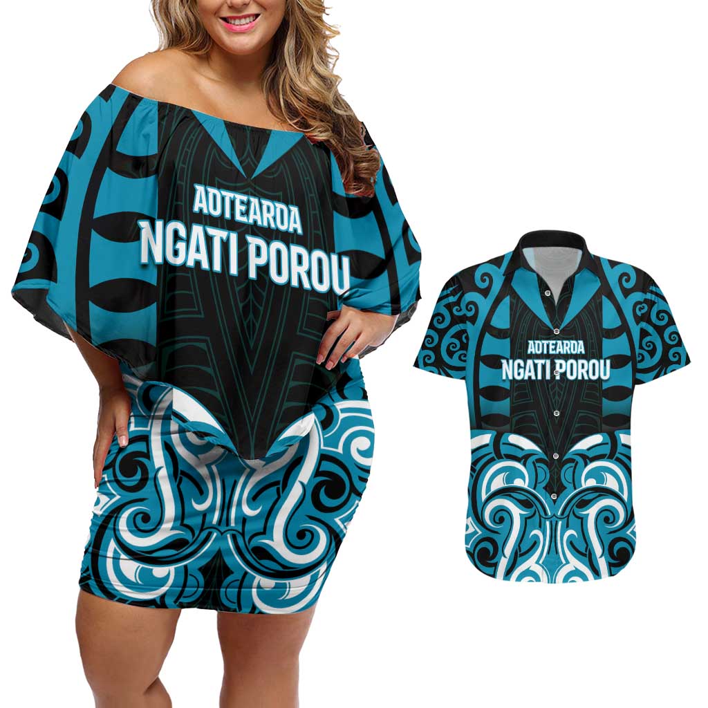 Custom Aotearoa Ngati Porou Couples Matching Off Shoulder Short Dress and Hawaiian Shirt Maori Pattern New Zealand - Polynesian Pride