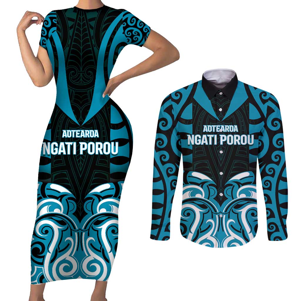 Custom Aotearoa Ngati Porou Couples Matching Short Sleeve Bodycon Dress and Long Sleeve Button Shirt Maori Pattern New Zealand - Polynesian Pride