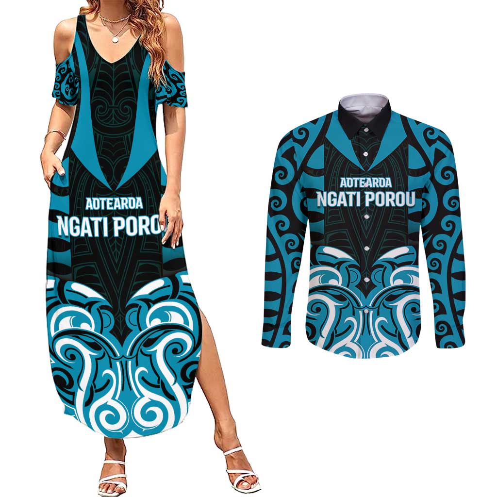 Custom Aotearoa Ngati Porou Couples Matching Summer Maxi Dress and Long Sleeve Button Shirt Maori Pattern New Zealand - Polynesian Pride