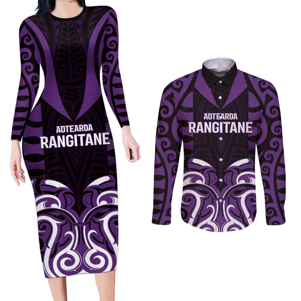 Custom Aotearoa Rangitane Couples Matching Long Sleeve Bodycon Dress and Long Sleeve Button Shirt Maori Pattern New Zealand - Polynesian Pride