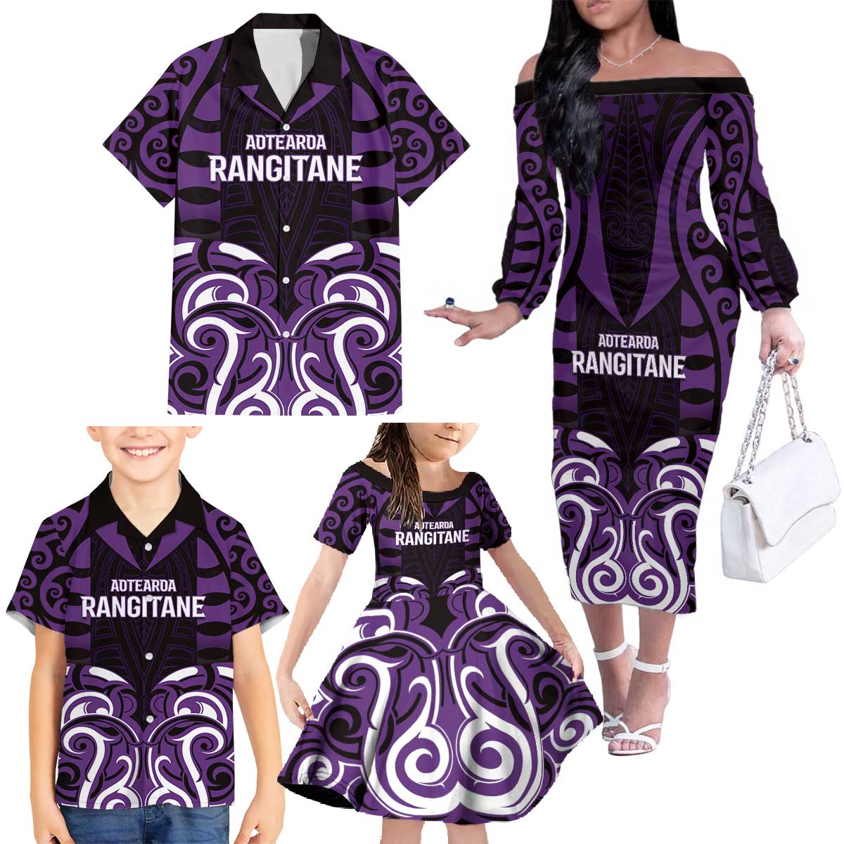 Custom Aotearoa Rangitane Family Matching Off The Shoulder Long Sleeve Dress and Hawaiian Shirt Maori Pattern New Zealand - Polynesian Pride