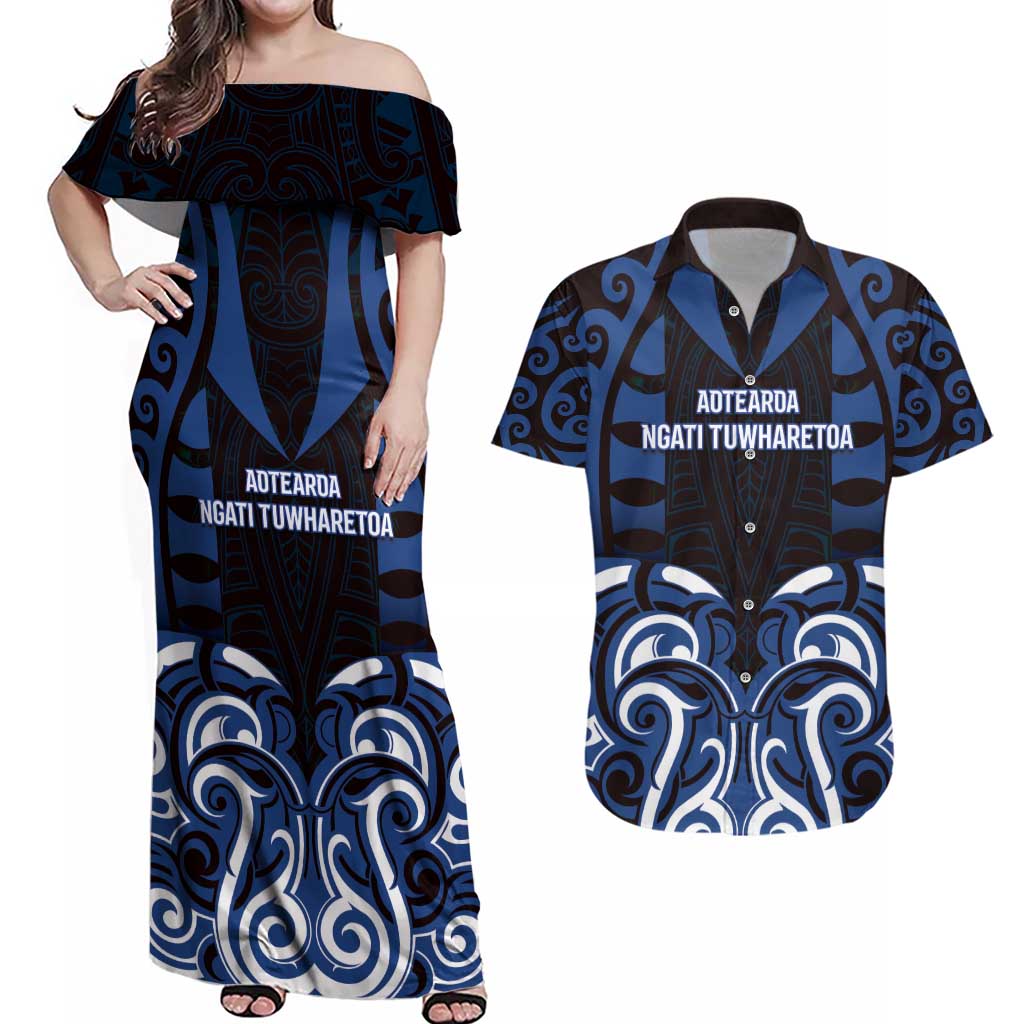 Custom Aotearoa Ngati Tuwharetoa Couples Matching Off Shoulder Maxi Dress and Hawaiian Shirt Maori Pattern New Zealand - Polynesian Pride