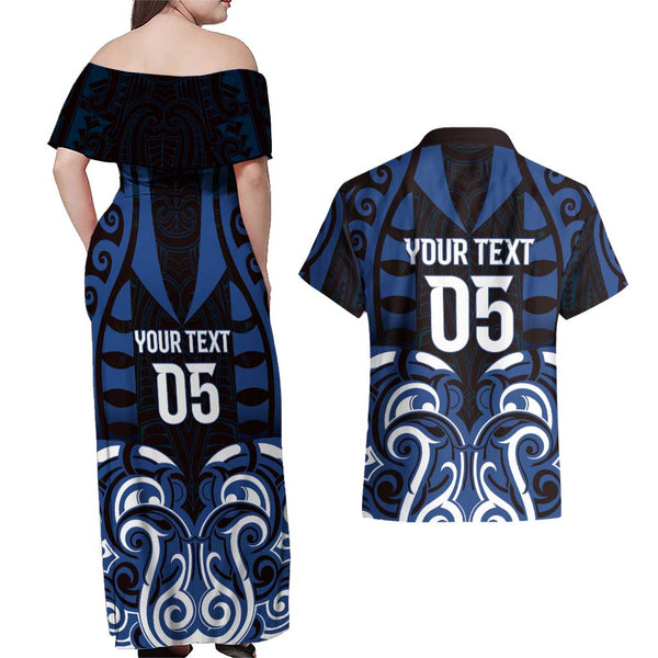 Aotearoa New Zealand Couples Matching Off The Shoulder Long Sleeve Dress and Hawaiian Shirt Silver Fern Kiwi Bird and NZ Map with Maori Tribal Pink Style LT03