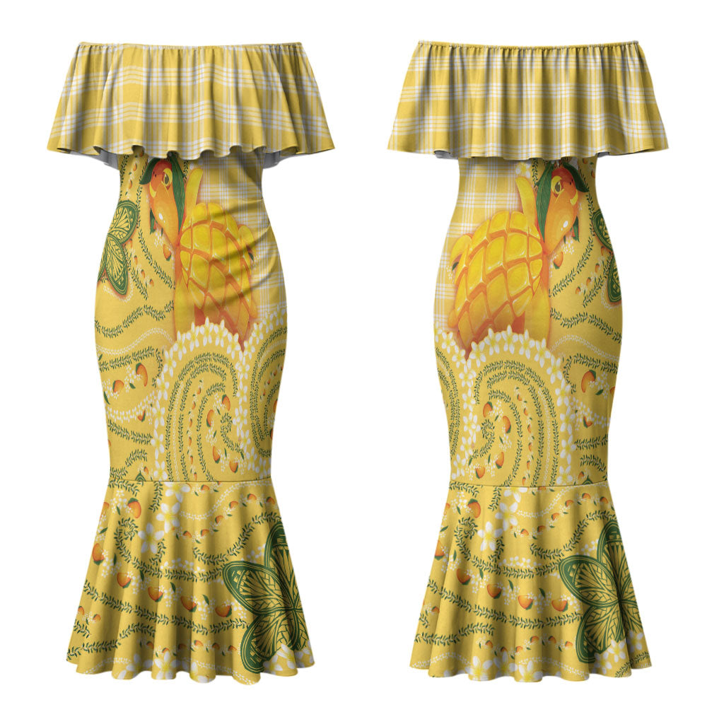 Hawaii Palaka Couples Matching Mermaid Dress and Hawaiian Shirt Cute Ripe Mango Turtle On The Waves