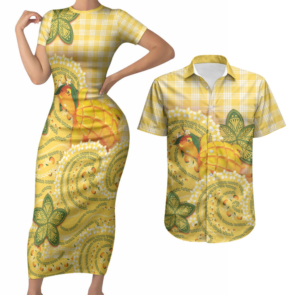 Hawaii Palaka Couples Matching Short Sleeve Bodycon Dress and Hawaiian Shirt Cute Ripe Mango Turtle On The Waves DT05 Yellow - Polynesian Pride