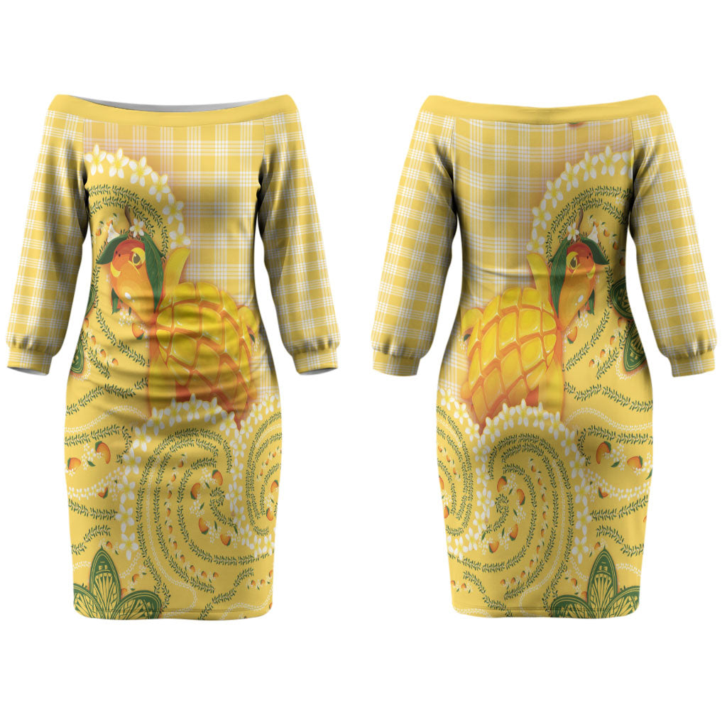 Hawaii Palaka Family Matching Off The Shoulder Long Sleeve Dress and Hawaiian Shirt Cute Ripe Mango Turtle On The Waves