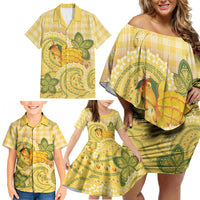 Hawaii Palaka Family Matching Off Shoulder Short Dress and Hawaiian Shirt Cute Ripe Mango Turtle On The Waves