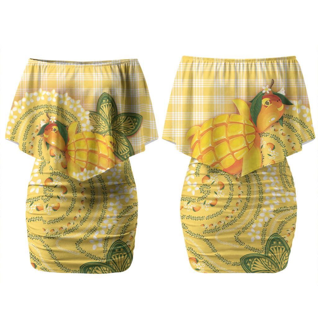 Hawaii Palaka Family Matching Off Shoulder Short Dress and Hawaiian Shirt Cute Ripe Mango Turtle On The Waves