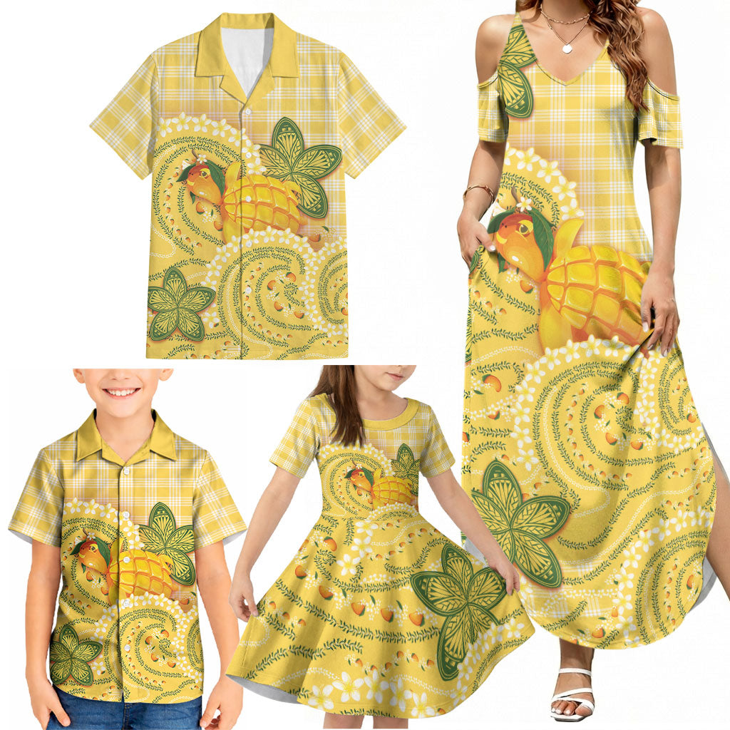 Hawaii Palaka Family Matching Summer Maxi Dress and Hawaiian Shirt Cute Ripe Mango Turtle On The Waves