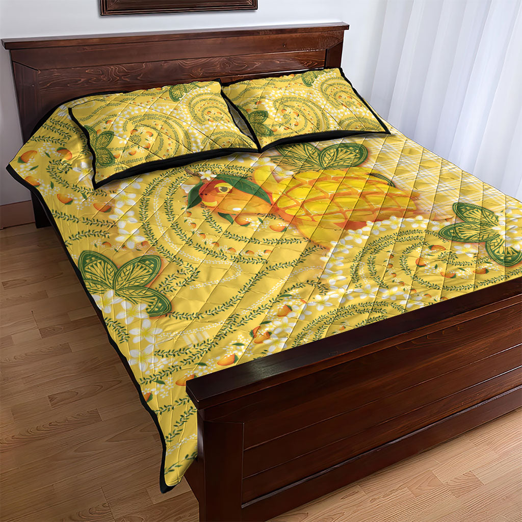 Hawaii Palaka Quilt Bed Set Cute Ripe Mango Turtle On The Waves
