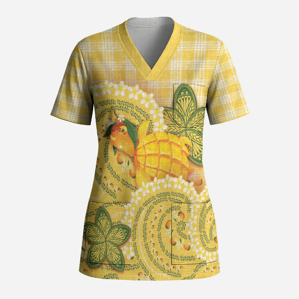 Hawaii Palaka Scrub Top Cute Ripe Mango Turtle On The Waves