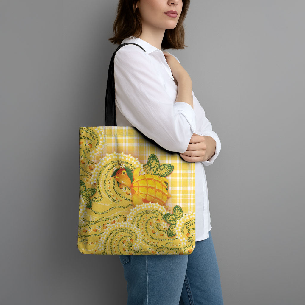 Hawaii Palaka Tote Bag Cute Ripe Mango Turtle On The Waves