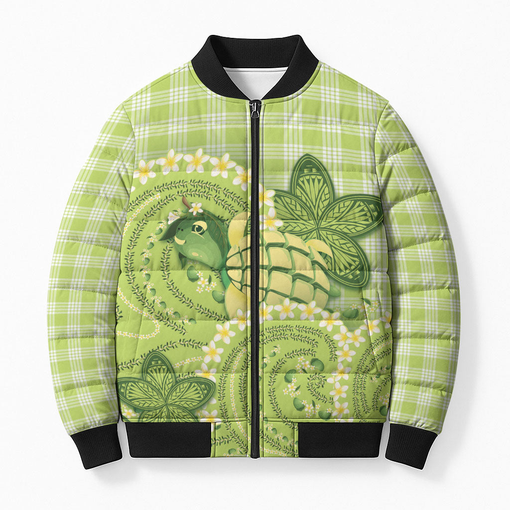 Hawaii Palaka Bomber Puffer Jacket Cute Green Mango Turtle On The Waves