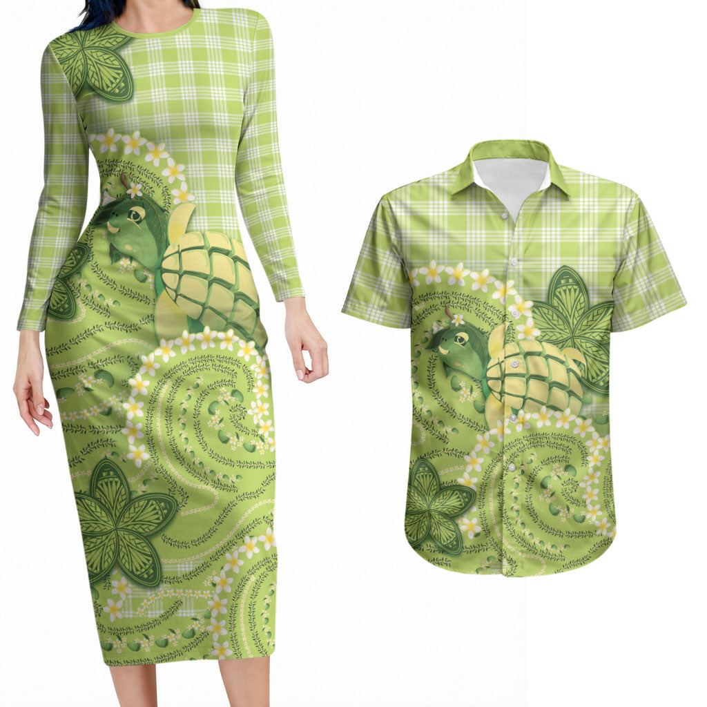 Hawaii Palaka Couples Matching Long Sleeve Bodycon Dress and Hawaiian Shirt Cute Green Mango Turtle On The Waves