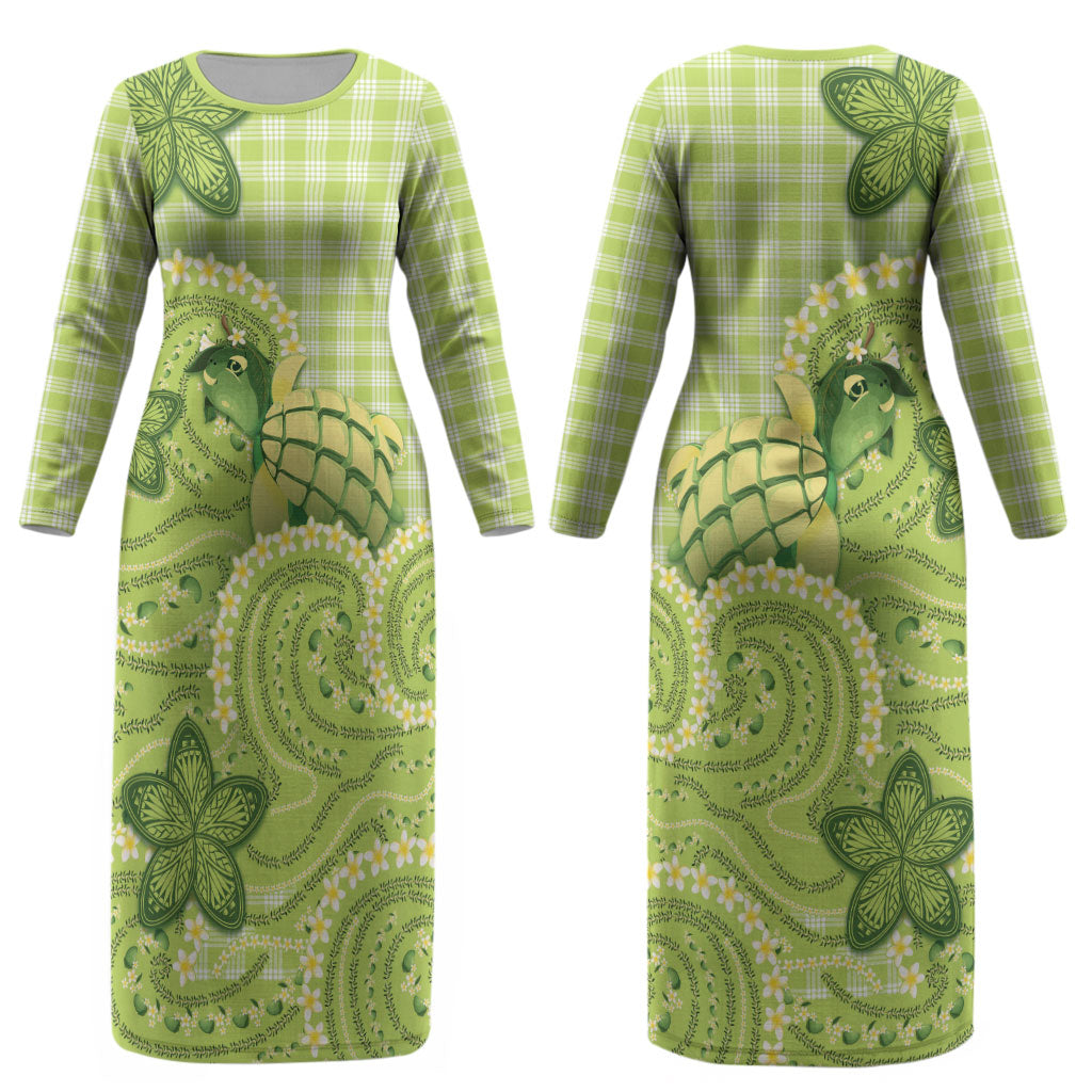 Hawaii Palaka Couples Matching Long Sleeve Bodycon Dress and Hawaiian Shirt Cute Green Mango Turtle On The Waves