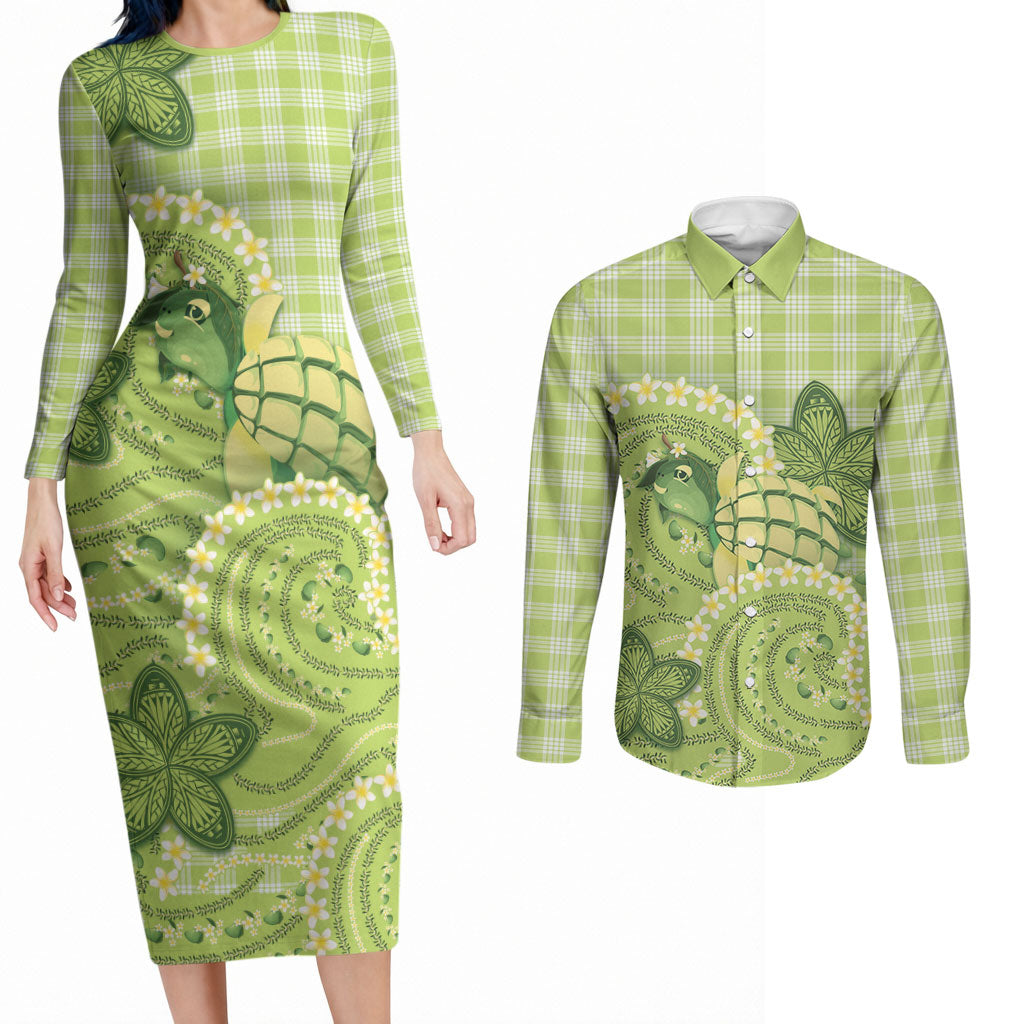 Hawaii Palaka Couples Matching Long Sleeve Bodycon Dress and Long Sleeve Button Shirt Cute Green Mango Turtle On The Waves
