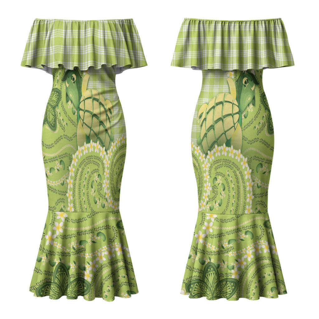 Hawaii Palaka Couples Matching Mermaid Dress and Long Sleeve Button Shirt Cute Green Mango Turtle On The Waves