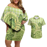 Hawaii Palaka Couples Matching Off Shoulder Short Dress and Hawaiian Shirt Cute Green Mango Turtle On The Waves