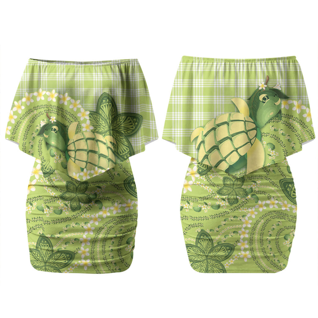 Hawaii Palaka Couples Matching Off Shoulder Short Dress and Long Sleeve Button Shirt Cute Green Mango Turtle On The Waves