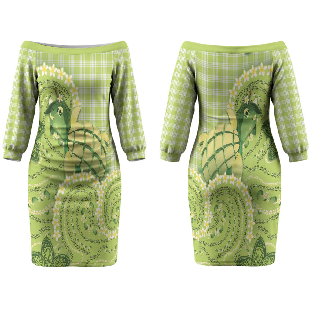 Hawaii Palaka Couples Matching Off The Shoulder Long Sleeve Dress and Hawaiian Shirt Cute Green Mango Turtle On The Waves