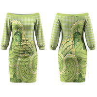 Hawaii Palaka Couples Matching Off The Shoulder Long Sleeve Dress and Hawaiian Shirt Cute Green Mango Turtle On The Waves