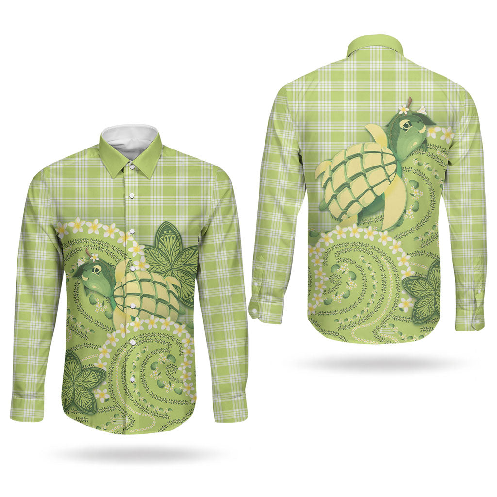 Hawaii Palaka Couples Matching Off The Shoulder Long Sleeve Dress and Long Sleeve Button Shirt Cute Green Mango Turtle On The Waves