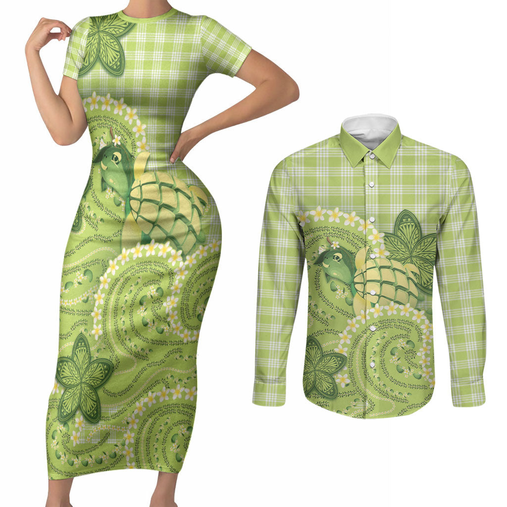 Hawaii Palaka Couples Matching Short Sleeve Bodycon Dress and Long Sleeve Button Shirt Cute Green Mango Turtle On The Waves DT05 Green - Polynesian Pride