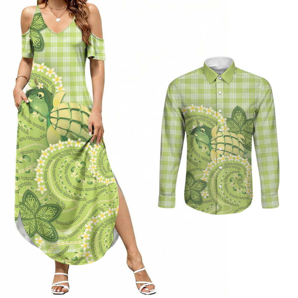 Hawaii Palaka Couples Matching Summer Maxi Dress and Long Sleeve Button Shirt Cute Green Mango Turtle On The Waves DT05 Green - Polynesian Pride