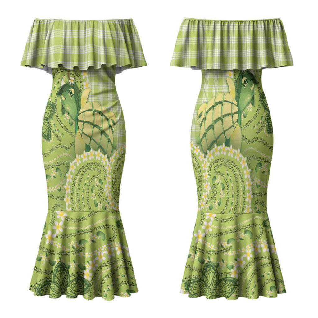 Hawaii Palaka Family Matching Mermaid Dress and Hawaiian Shirt Cute Green Mango Turtle On The Waves