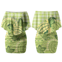 Hawaii Palaka Family Matching Off Shoulder Short Dress and Hawaiian Shirt Cute Green Mango Turtle On The Waves