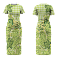Hawaii Palaka Family Matching Short Sleeve Bodycon Dress and Hawaiian Shirt Cute Green Mango Turtle On The Waves