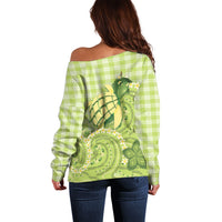 Hawaii Palaka Off Shoulder Sweater Cute Green Mango Turtle On The Waves