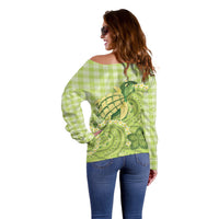 Hawaii Palaka Off Shoulder Sweater Cute Green Mango Turtle On The Waves