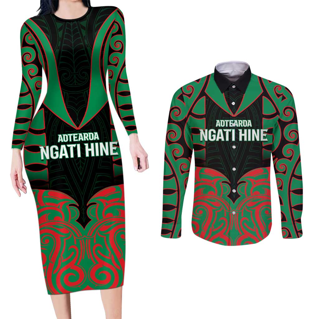 Custom Aotearoa Ngati Hine Couples Matching Long Sleeve Bodycon Dress and Long Sleeve Button Shirt Maori Pattern New Zealand - Polynesian Pride