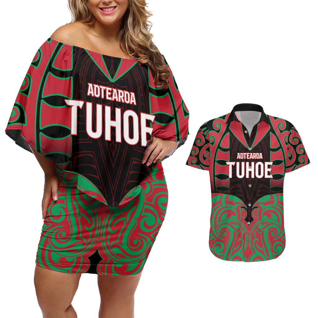 Custom Aotearoa Tuhoe Couples Matching Off Shoulder Short Dress and Hawaiian Shirt Maori Pattern New Zealand - Polynesian Pride