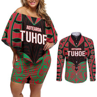 Custom Aotearoa Tuhoe Couples Matching Off Shoulder Short Dress and Long Sleeve Button Shirt Maori Pattern New Zealand - Polynesian Pride
