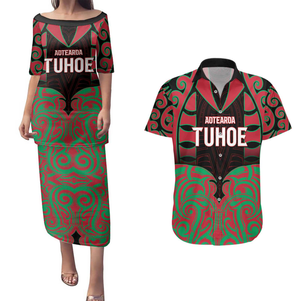 Custom Aotearoa Tuhoe Couples Matching Puletasi and Hawaiian Shirt Maori Pattern New Zealand - Polynesian Pride