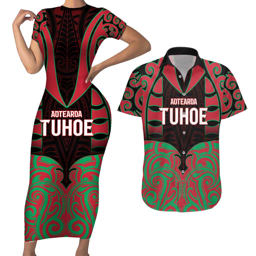 Custom Aotearoa Tuhoe Couples Matching Short Sleeve Bodycon Dress and Hawaiian Shirt Maori Pattern New Zealand - Polynesian Pride