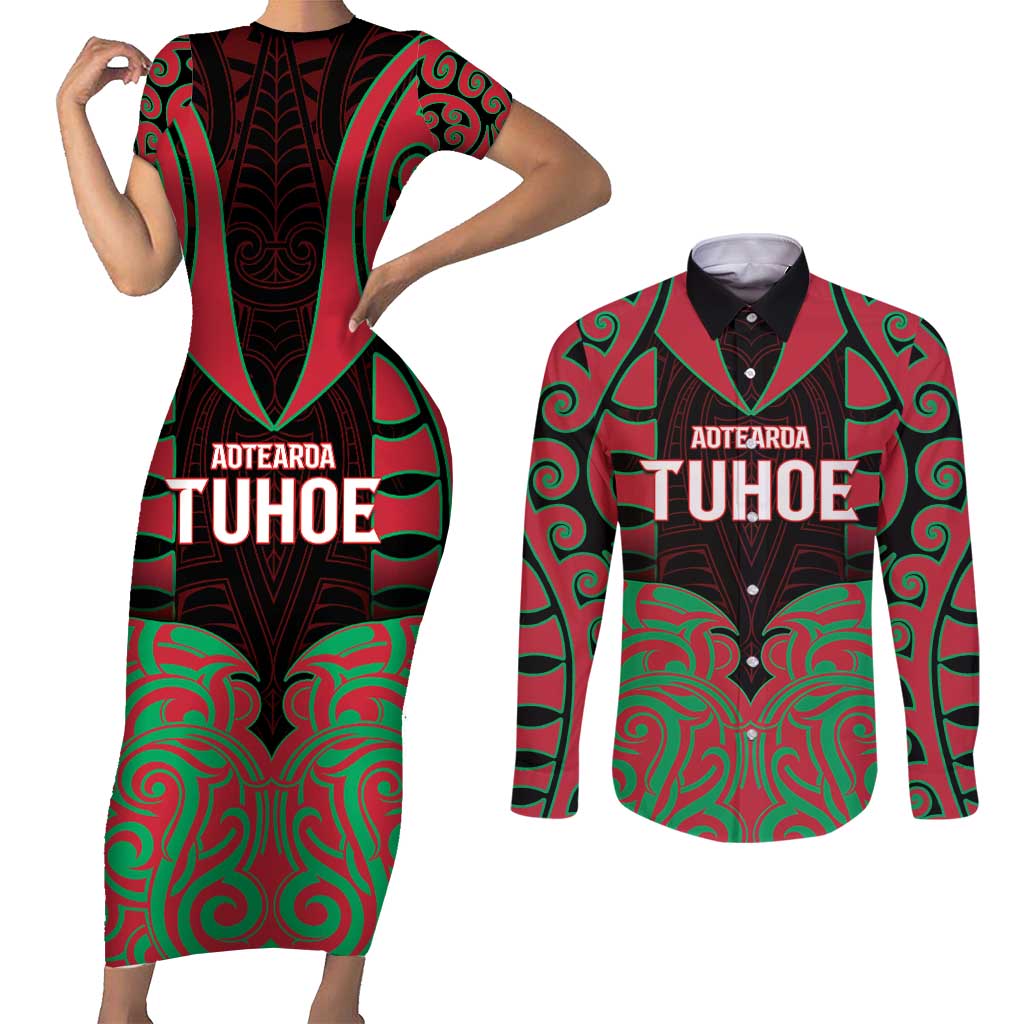 Custom Aotearoa Tuhoe Couples Matching Short Sleeve Bodycon Dress and Long Sleeve Button Shirt Maori Pattern New Zealand - Polynesian Pride