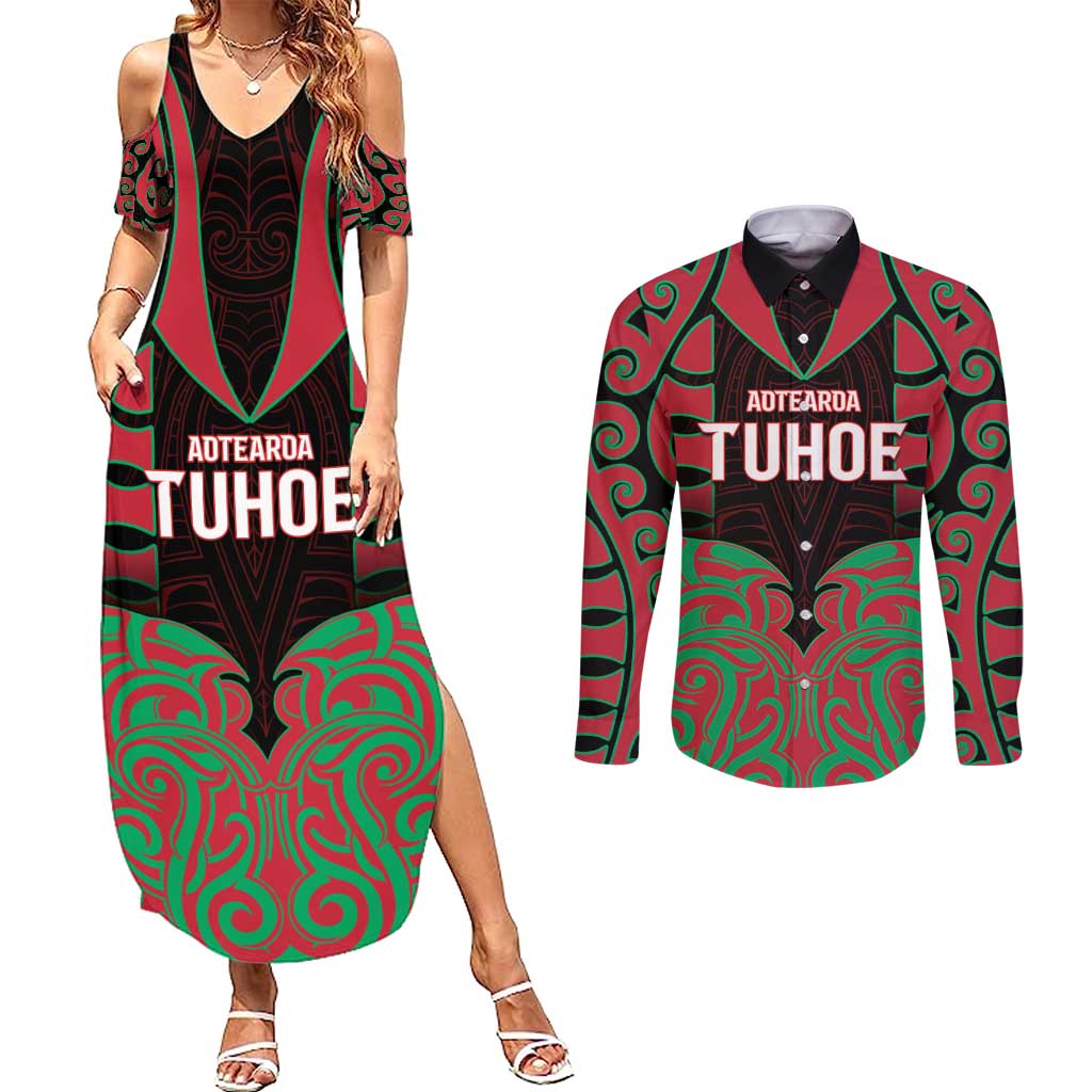 Custom Aotearoa Tuhoe Couples Matching Summer Maxi Dress and Long Sleeve Button Shirt Maori Pattern New Zealand - Polynesian Pride