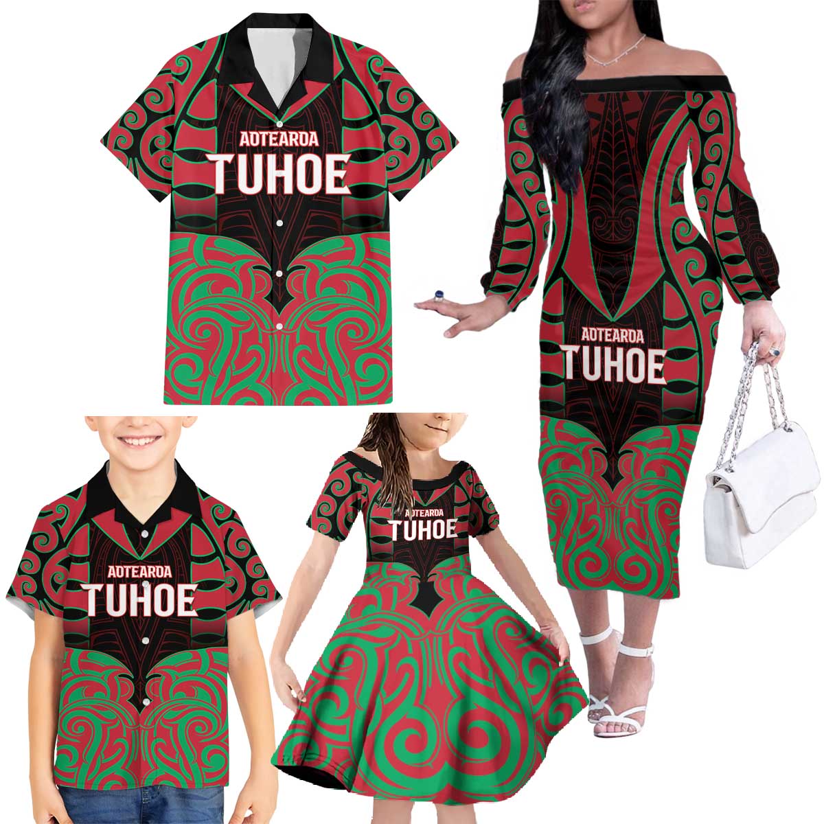 Custom Aotearoa Tuhoe Family Matching Off The Shoulder Long Sleeve Dress and Hawaiian Shirt Maori Pattern New Zealand - Polynesian Pride