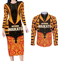 Custom Aotearoa Waikato Couples Matching Long Sleeve Bodycon Dress and Long Sleeve Button Shirt Maori Pattern New Zealand - Polynesian Pride